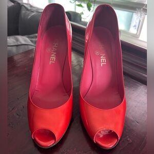 Chanel Red Patent Leather Peep Toe Heels Size 38.5, Authentic